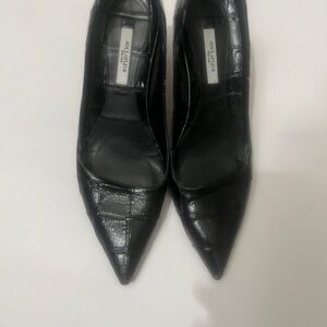 MM Lafleur Black Croc-Embossed Pointed-Toe Pumps